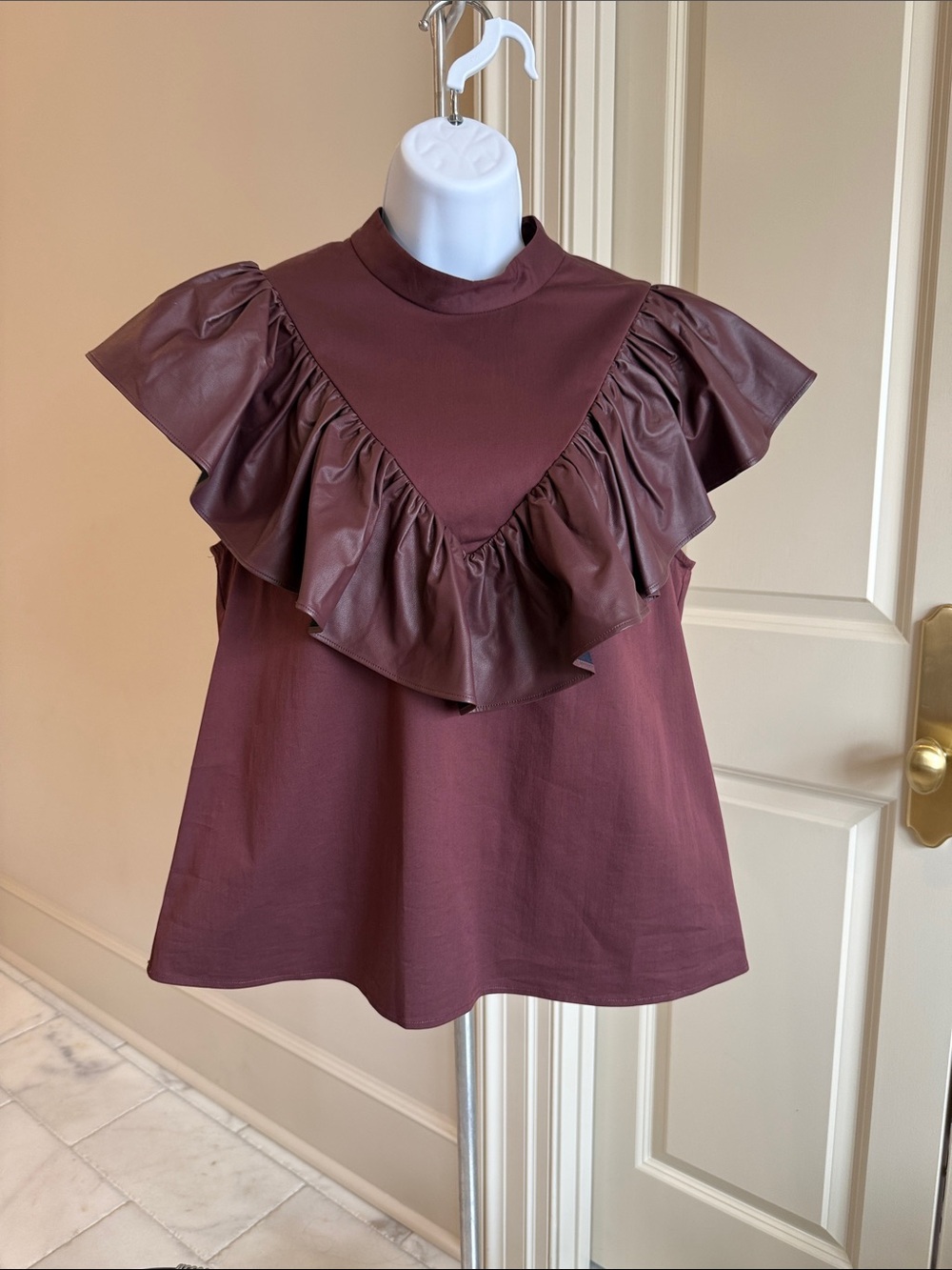 CROSBY by Mollie Burch Ruffled Mock Neck Top in Burgundy